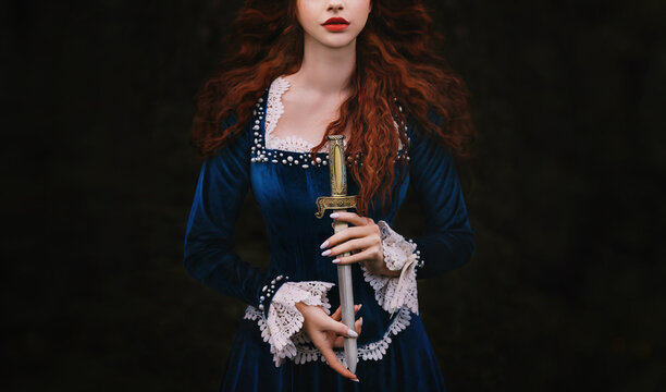 fantasy woman warrior on black background, lady with red lips, long hair hands close up holding dagg