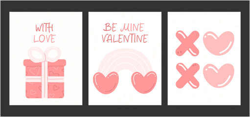 Wall Mural - A set of three vertical cute Valentine's Day cards. Design concept of pink greeting cards with a gift, rainbow and xoxo. love illustration.