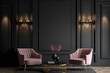 Leinwandbild Motiv Large master living room in dark black gray colors. Rose pink set of chairs and gold table. Background blank wall blank for wallpaper or paintings. Luxury lounge or reception. Generative AI