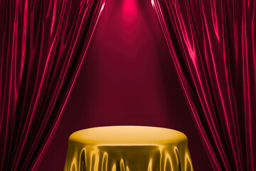 Poster - golden silk satin cloth podium for elegant luxury product display with red silk satin curtain background in abstract center composition with spotlight 3d rendering illustration