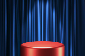 Poster - red glossy metallic round product showcase pedestal with blue silk satin curtain background in center composition with spotlight 3d rendering illustration