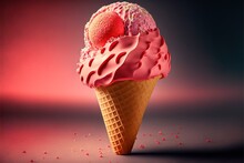  A Pink Ice Cream Cone With Two Scoops Of Ice Cream On Top Of It And Sprinkles On The Floor Around It, With A Pink Background With A Red Light And Black.