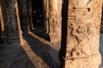 Sticker - Beautiful carving of the Hindu deity Hanuman on a pillar in the ancient Ranganathaswamy temple in Srirangam.