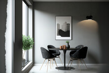 View From The Corner Of A Grey Living Room With Concrete Floors, A Small Round Dining Table, Three Modern Black Chairs, And A Mock Up Of The Wall. Design Idea For A Contemporary Flat. Generative AI
