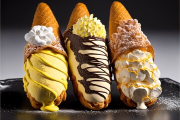 Wall Mural -  three ice cream cones with different toppings on them on a black plate with a black background and a black background with a white border and a black border with a white border and yellow border.