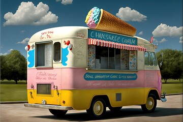 Sticker -  a ice cream truck with a cone on top of it's roof and a sky background with clouds and trees in the background, and a sidewalk with a paved area with a paved area with a.