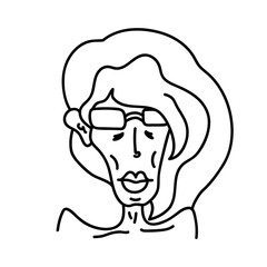 Wall Mural - Hand drawn doodle portrait of skinny person in sunglasses. Caricature of thin, scrawny human with small nose, big lips, sharp cheekbones and long hair. Cartoon avatar