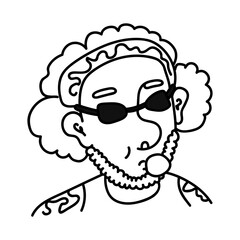 Wall Mural - Hand drawn doodle portrait of a young man in sunglasses chewing gum. Cartoon avatar of person with curly hair, bandana, beard and tattoos in caricature style.