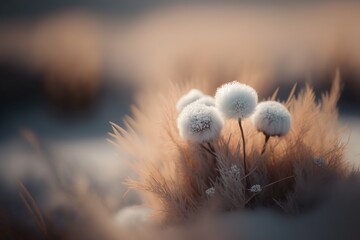 Cotton looking grass macro illustration, soft tender creamy palette. Generative AI