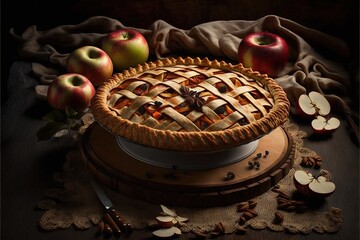 Wall Mural -  a pie with apples and a knife on a table with a cloth and a cloth on the tablecloth behind it and a pair of scissors and a knife on the table cloth with a.