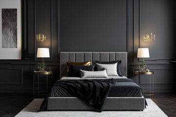Luxurious large bedroom with black dark gray walls and a bed. Deep rich colors grey, graphite and white. Blank mockup background design room. Empty space for art. Generative AI