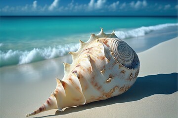  a sea shell on a beach with the ocean in the background and a blue sky with clouds in the background and a wave coming in the water from the beach area, with a blue sky.