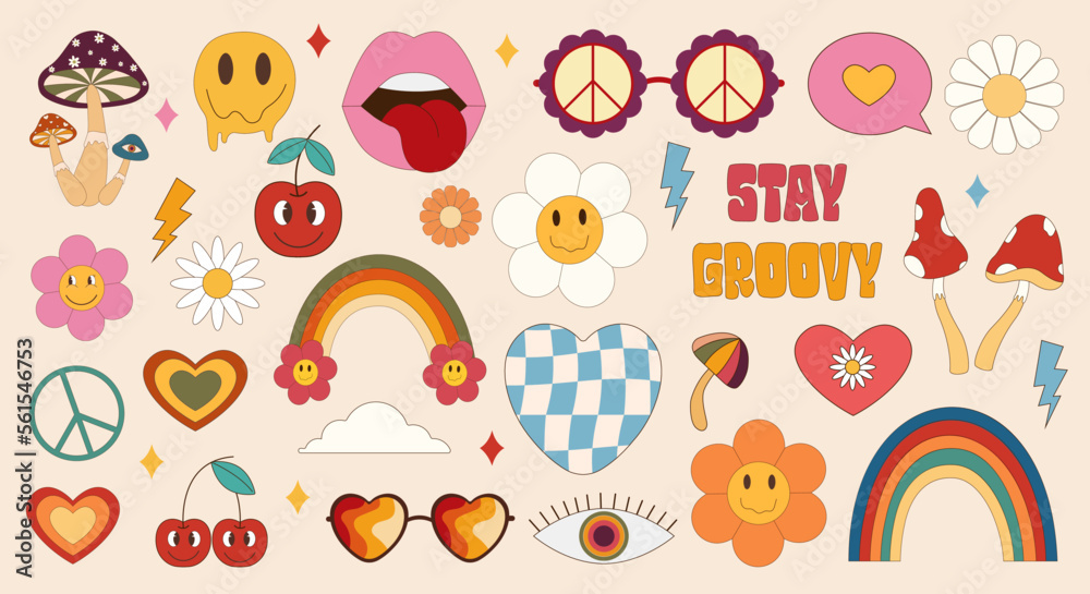 Big set of items 70s. Retro icons in trendy 70s style. Vector icons ...
