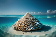  A Large Shell On The Bottom Of A Small Island In The Ocean Water With A Sky Background And A Few Clouds In The Sky Above It, And Below The Water Is A Blue, And A.