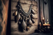  A Wooden Board With A Necklace Hanging On It Next To A Candle And A Candle Holder With A Candle In It And A Candle Lit Candle In The Background On The Wall Behind It Is.