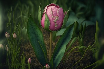 Wall Mural -  a pink flower with a green stem in a field of grass and flowers with leaves around it and a bug crawling on the flower stem of the flower, and the stem, with a.