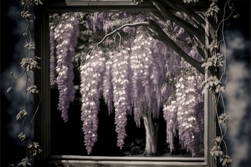 Sticker -  a picture frame with a tree and a purple flowered tree in the background and a window with a picture frame in the middle of it that has a picture of a tree with purple flowers.