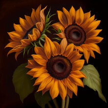 Dark Bunch Of Three Sunflowers Black Background, Generative Ai