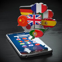 Poster - Global communication, dictionary, translating  and learning languages online app concept. Mobile smartphone and speech bubbles with flags.