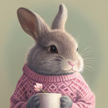 Retro Vintage Illustration Of Easter Bunny Rabbit In Pink Knit Sweater Drinking Tea, Generative Ai