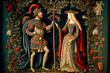 Medieval style tapestry with court motives in the ancient style, generative AI