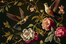 Vintage Floral Pattern With Hummingbirds, Ideal For Decorative Backgrounds, Generative AI