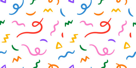 Fun colorful line doodle seamless pattern. Creative minimalist style art background for children or trendy design with basic shapes. Simple childish scribble backdrop.