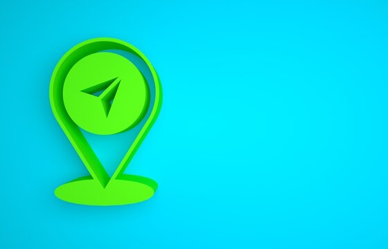 Green Map pin icon isolated on blue background. Navigation, pointer, location, map, gps, direction, search concept. Minimalism concept. 3D render illustration