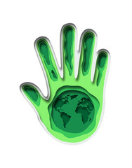 Wall Mural - Green paper cut earth planet inside human hand. Modern 3d papercut illustration concept of nature world map handprint. Eco friendly charity support, environment help design.