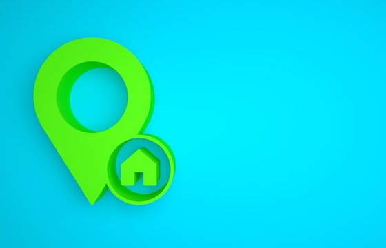 Green Map pointer with house icon isolated on blue background. Home location marker symbol. Minimalism concept. 3D render illustration