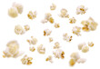 Leinwandbild Motiv Flying popcorn isolated. Fresh popcorn flakes on a white background.