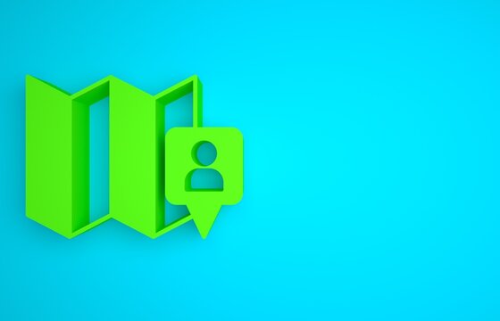 Green Folded map with location marker icon isolated on blue background. Minimalism concept. 3D render illustration