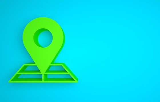 Green Folded map with location marker icon isolated on blue background. Minimalism concept. 3D render illustration