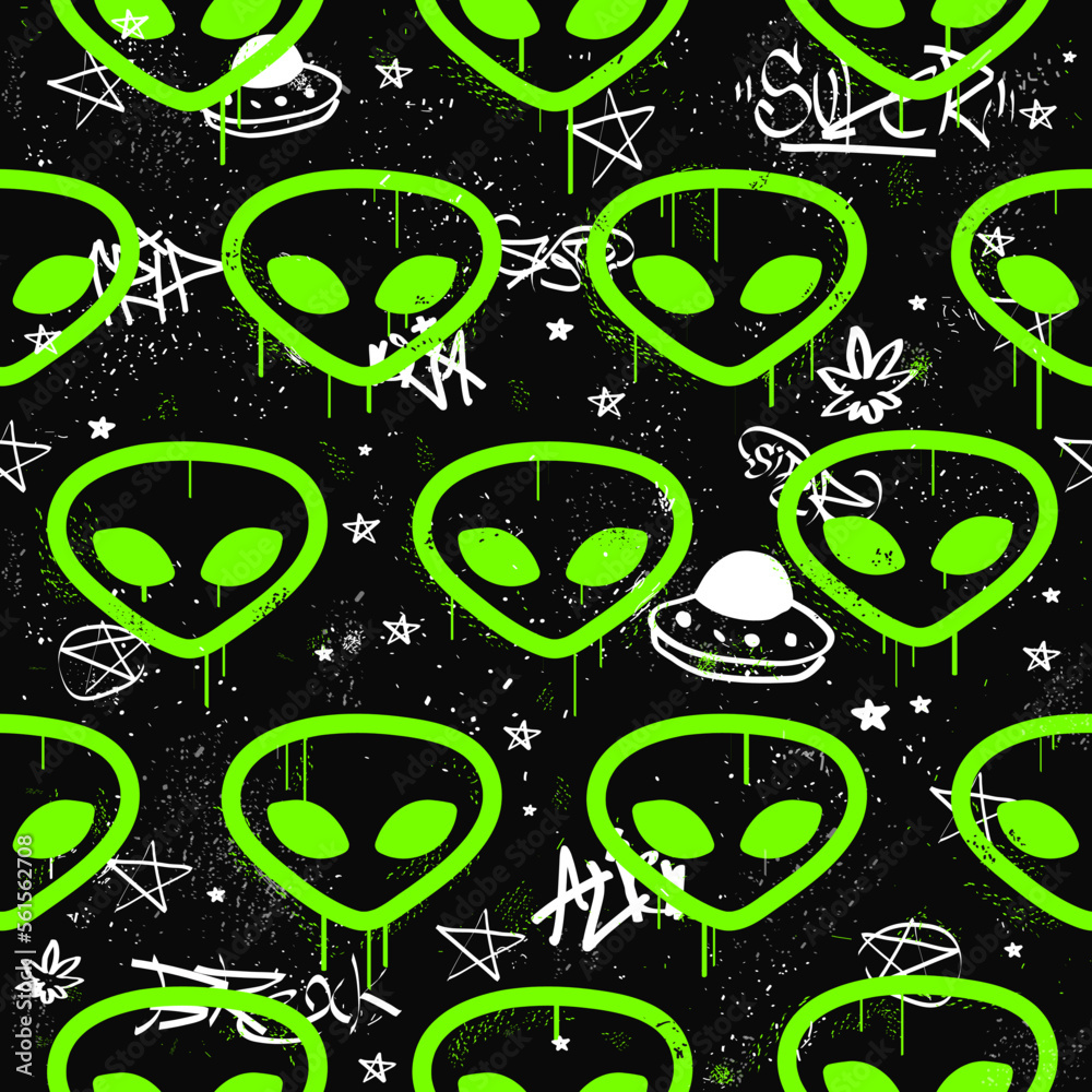 Line Alien Patterns Alien neon head seamless pattern.Vector hand drawn doodle line cartoon ...