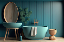 Vintage Minimalist Bathroom In Blue And Beige Tones. Wooden Washbasin And Freestanding Bathtub. Japani Retro Interior Design, 3d Illustration. Generative AI