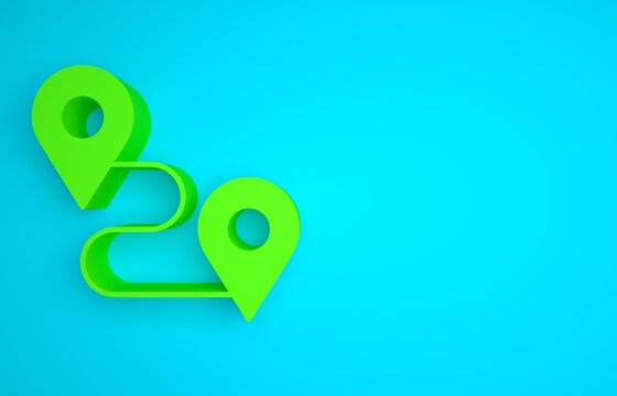 Green Route location icon isolated on blue background. Map pointer sign. Concept of path or road. GPS navigator. Minimalism concept. 3D render illustration