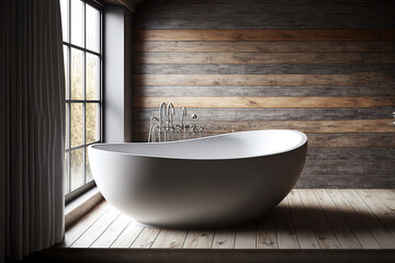 White bathtub seen from the side in a bathroom with gray and wooden walls. There are two sinks in the backdrop. a mockup Toned picture. Generative AI