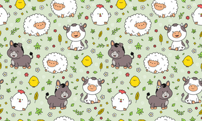 Cute funny farm animals seamless pattern,wallpaper,background.Vector hand drawn doodle cartoon kawaii character illustration. Donkey,lamb,chicken,cow cartoon kawaii seamless pattern art concept