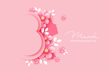 Wall Mural - 8 March.  International Women's Day greeting card. Paper art pink flowers, leaves, woman silhouette. 