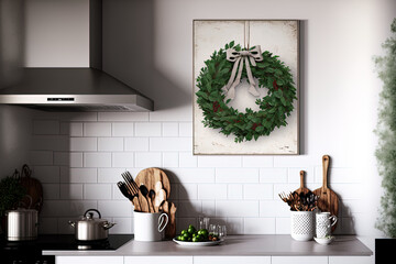 Sticker - Christmas mistletoe wreath hanging on white brick wall in kitchen. Generative AI