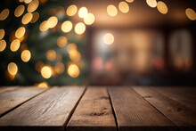 Empty Wood Table Top On Blurry Bokeh Decorated Home Interior And News Year Decoration. Concept Christmas Time For Web Banner , Display Or Montage Your Products. Generative AI