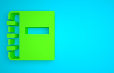 Poster - Green Notebook icon isolated on blue background. Spiral notepad icon. School notebook. Writing pad. Diary for school. Minimalism concept. 3D render illustration