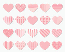 Pink Heart Icon Set. Happy Valentines Day. Cute Polka Dot, Line Pattern. Love Sign Symbol Simple Template. Greeting Card. Decoration Element. Square Composition. Flat Design. White Background.