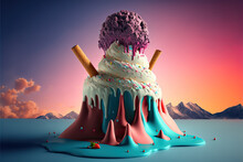 Created With Generative AI Technology. Big Colorful Ice Cream Scoops As A Mountain