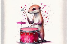  A Painting Of A Rat Playing The Drums With A Stick And A Beater In Its Hand, With Hearts Falling Down The Background And A Pink Drum In The Foreground, With A.