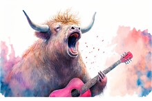  A Painting Of A Bull With A Guitar In Its Mouth And A Pink Guitar In Its Mouth, With Its Mouth Open And Its Tongue Out, With Its Mouth Wide Open, With Its Mouth Wide Open.