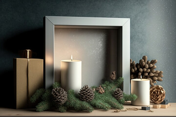 Canvas Print - Christmas decor on a concrete fireplace, christmas tree branches in wooden box, wrapped gifts, empty wooden frame for art or photo, christmas candles in glass box and decor. Mockup frame,. Generative