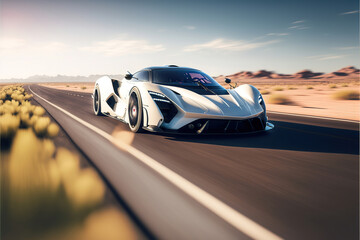 Wall Mural - white hypercar sportcar on the desert highway, generative ai