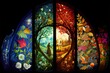 Generative AI illustration of luminous stained glass window showing the annual progression of the seasons: spring summer autumn winter