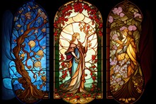 Generative AI Illustration Of Luminous Stained Glass Window Showing The Annual Progression Of The Seasons: Spring Summer Autumn Winter